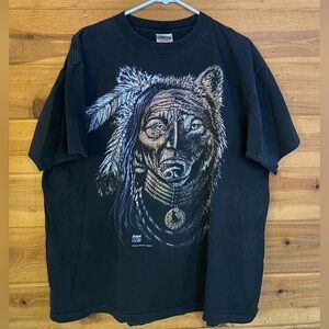 Black Graphic Tee with Wolf Design